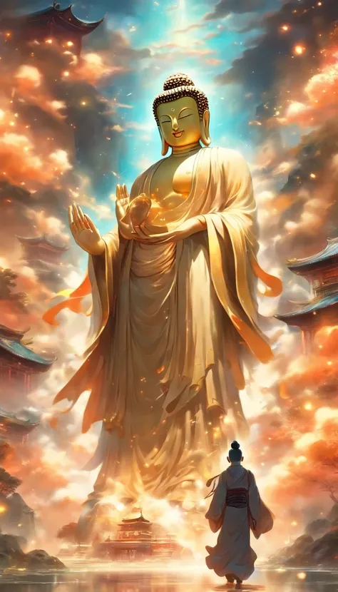 China-style，In the distance, A huge statue of Maitreya Buddha stands in space，Gaze at the earth，Standing Buddha statue，with light glowing，Glow effects，Pilgrims on the road，Hyper-realistic，Ultra photo realsisim，Real Photographics，8K，High definition，high qul...