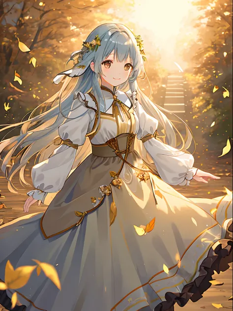 Brown and yellow long dress　Pretty girl　Long light blue hair、A charming smile　Black eyes　Photo of partially fallen leaves fluttering　Illuminated by the setting sun、Dress and hair fluttering in the wind　Face Highlights