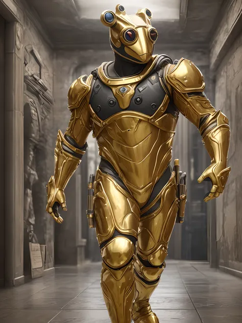 3d realistic rendering of cute frogman in golden suit,  Luxurious MasterPiece Unreal Engine 5 cinematic action presentation;  Dynamic pose Extremely detailed 8k resolutin --auto --s2