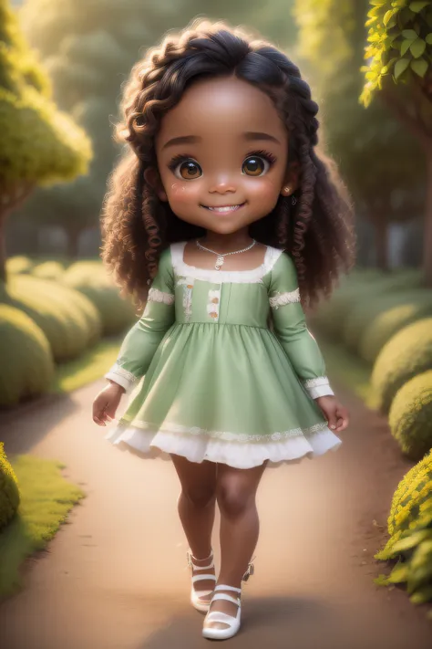 chibi 1 african baby dark brown skin:5, cute smile, walking in the field ((full body))) "((with coffee))" realistic shadows, spa...