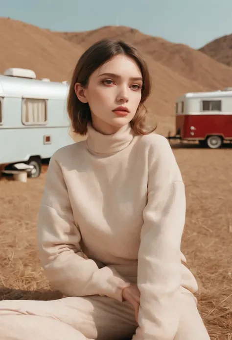 analog photography, grain film, vintage photo, portra 400, flash, in the style of lo-fi aesthetics:: a girl sitting near a camping trailer, light beige and red，upper body