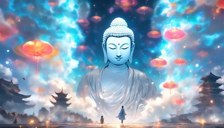 China-style，In the distance, A huge statue of Maitreya Buddha stands in space，Gaze at the earth，Standing Buddha statue，with light glowing，Glow effects，Pilgrims on the road，Hyper-realistic，Ultra photo realsisim，Real Photographics，8K，High definition，high qul...