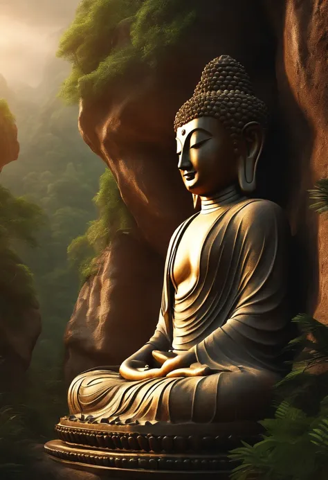 (Best quality, A high resolution, Ultra-detailed), surrealism,  Realistic texture, Carved Buddha statues on cliff faces, Harmonious integration with nature, Cinematic lighting, lifelike skin, depth and dimensionality, Divine aura, tranquil ambiance