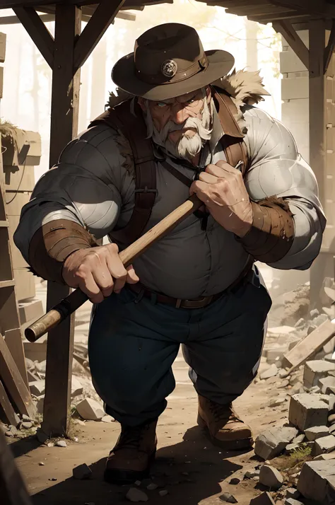 best quality,ultra-detailed,giant muscular elderly man as miner,scruffy beard,wrinkled face,deep-set eyes,carved muscles,old worn-out clothes,dusty hat,weathered hands,heavy pickaxe,dirty boots,dusty and dimly lit underground mine,thick pillars supporting ...