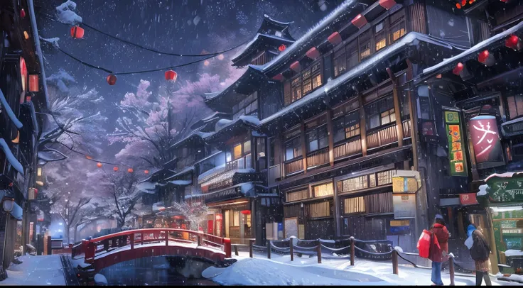 Christmas in Tokyo Japan 8k photorealistic, snowy night scene of a city street with a bridge and lanterns, traditional japanese concept art, winter concept art, anime background art, beautiful digital artwork, anime scenery concept art, beautiful anime sce...