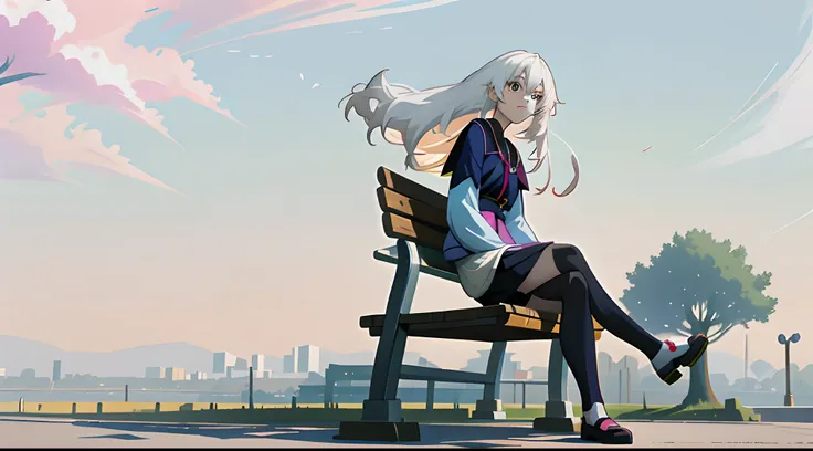 anime girl sitting on bench，legs crossed, best anime 4k konachan wallpaper, style of anime4 k, girl with white hair, anime art w...