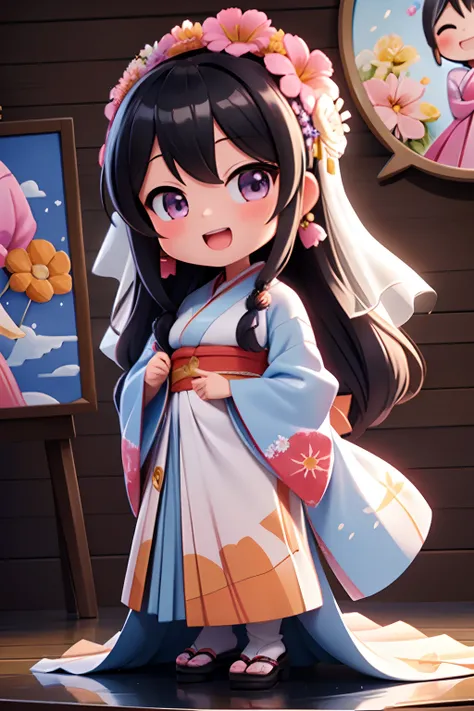 photoRealstic、Nedroid in wedding dress arranged in kimono standing in front of the painting、Open mouth and big smile、watercolor Nendoroid、(High Definition Figure)、Flowing iridescent silk、up of face、Eye Up、Colorcon with heart pattern、Floral dress、There are ...