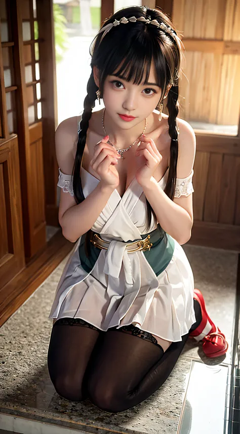 masterpiece,best quality,bathroom,close up,praying,onsen, water,wet clothes, 
1girl,jewelry,earrings,necklace,beautiful face,black hair,full body, kneeling pose
dress,white thighhighs, twin braids,