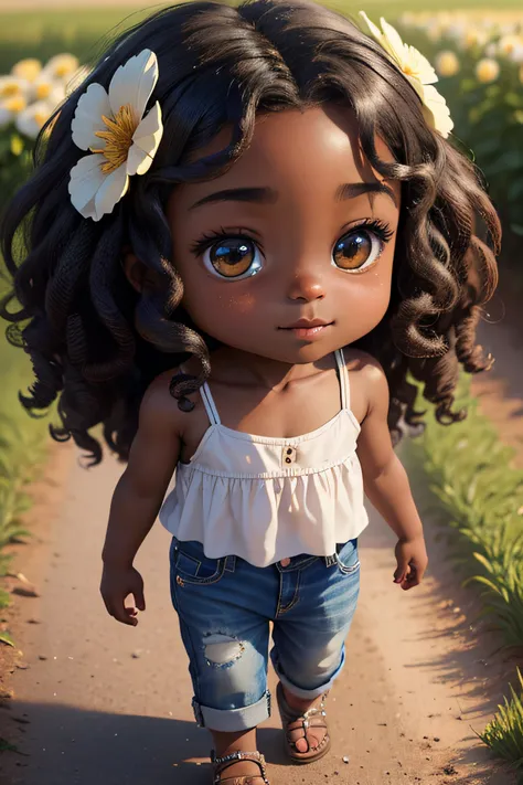 chibi 1 small african baby boy dark brown skin:5, cute smile, walking in the field ((full body))) "((with coffee))" realistic sh...