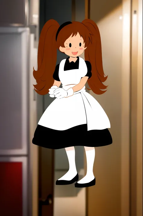 black eyes, toon, chef dress, twintails, brown hair, smile,1girl, gloves,smile, blush stikers, standing, solo full body