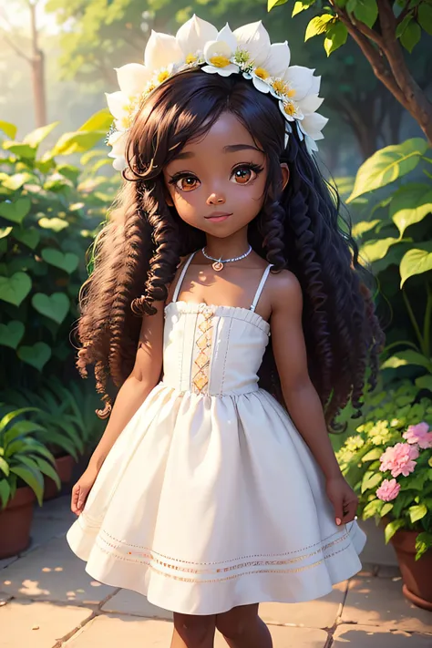 chibi 1 small African boy dark brown skin:5, cute smile, walking in the field ((full body))) "((with coffee))" realistic shadows, sparkling eyes, detailed skin, slightly sparkling light green eyes, pose for photo, long curly brown hair, flowers in hair, ra...