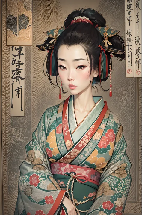 ((nsfw)),Sharaku,Portrait of a woman,it is centered in the middle of the image, some Japanese effects and embellishments scattered throughout the photo