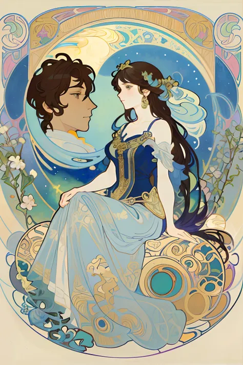 a painting of a woman sitting on a moon with a man in the background, mucha style 4k, alphonse mucha style, raphaelite and alphonse mucha, art alphonse mucha and loish, alphons mucha, artem demura alphonse mucha, demura and alphonse mucha, alsphonse mucha