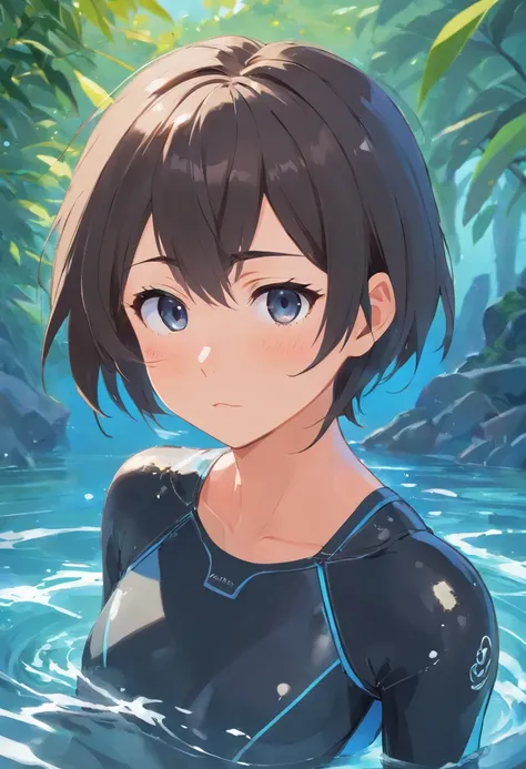 embarassed expression,bob cuts,A dark-haired,newhalf,wet suit,teats