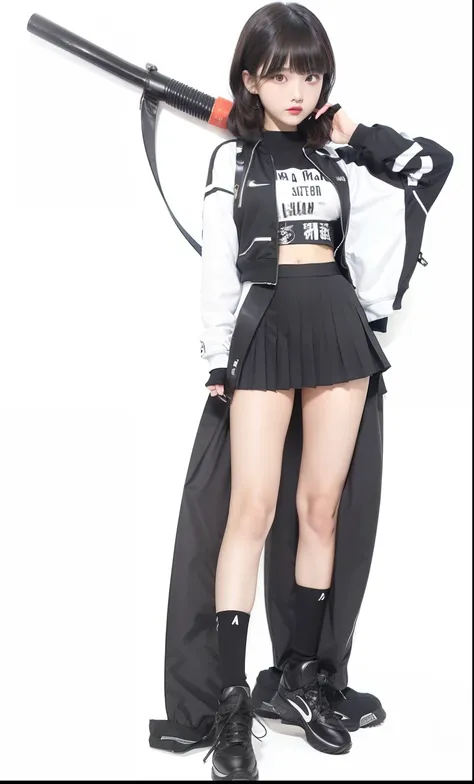 Young woman in micropleated skirt、Holding a metal bat、Cool Face、short-cut、Black Track Jacket（Fasteners are closed）、thick leg