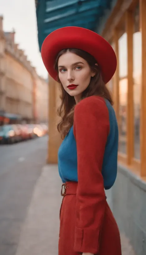 wes anderson style photo, 35mm film, girl dressed in red with blue shoes and hat, golden light, serene faces, distinctive noses, cityscape photographer,half body shot,