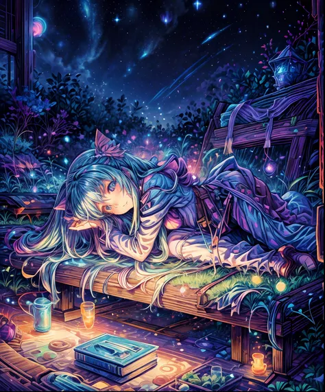 Describe a scene where a cute girl character is lying on a grassy hill, Looking up at the starry sky. Surround her with colorful nebulae and her favorite constellations.