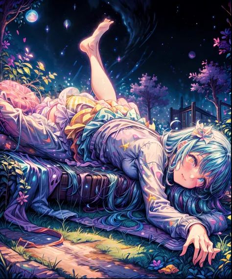 Describe a scene where a cute girl character is lying on a grassy hill, Looking up at the starry sky. Surround her with colorful nebulae and her favorite constellations.