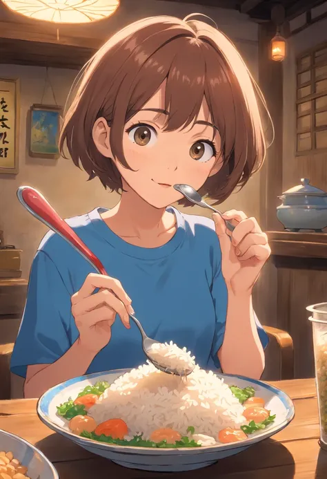 Young woman with short hair Japan、Eating rice with a spoon、slender、tshirts、