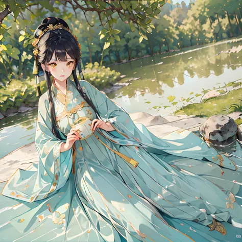 best quality, intricate details, highres,(beautiful detailed water:1.4),(hanfu, tang style),yellow eyes,(1girl in glass jar:1.1),