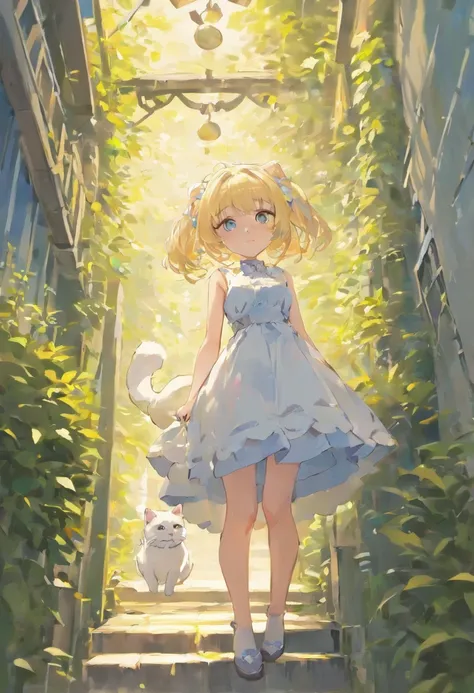 Cat-eared girl in white dress standing in garden, BREAK，silber hair，blue eyes，(((Sleeveless)))，Hang the laundry to dry，Holding a laundry basket with clothes，loli in dress, small curvy loli, artwork in the style of guweiz, guweiz on pixiv artstation, guweiz...