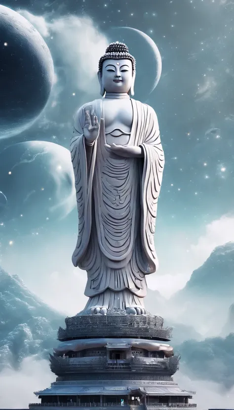 China-style，In the universe, The huge Maitreya Buddha statue stands in space，Gaze at the earth，Standing Buddha statue，with light glowing，Glow effects，Pilgrims on the road，Hyper-realistic，Ultra photo realsisim，Real Photographics，8K，High definition，high quli...