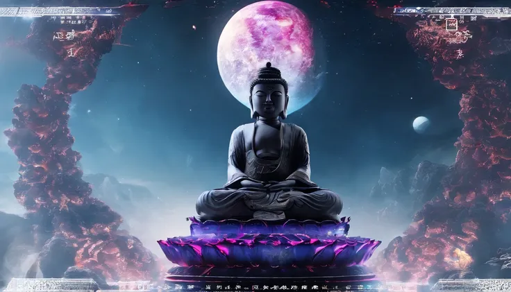 China-style，In the universe, The huge Maitreya Buddha statue stands in space，Gaze at the earth，Standing Buddha statue，with light glowing，Glow effects，Pilgrims on the road，Hyper-realistic，Ultra photo realsisim，Real Photographics，8K，High definition，high quli...