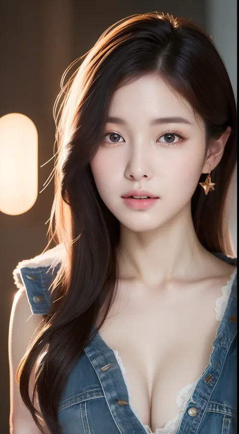 realistic photos of 1 cute Korean star, streaked hair, white skin, thin makeup, 32 inch breasts size, wearing as denim top, in the flowers shop, close-up portrait, glowing light, UHD