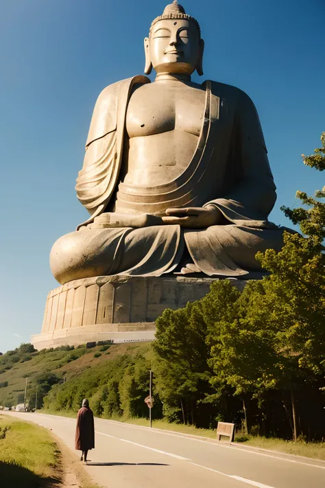 A giant tall Buddha statue in the distance，Pilgrims on the road