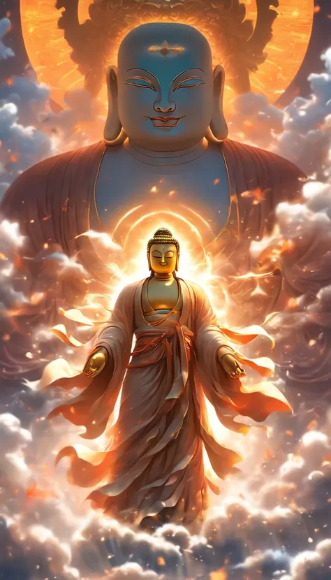 ((Masterpiece))，(Best quality))，China-style，In the universe, The huge Maitreya Buddha statue stands in space，Gaze at the earth，Standing Buddha statue，with light glowing，Glow effects，Pilgrims on the road，Hyper-realistic，Ultra photo realsisim，Real Photograph...