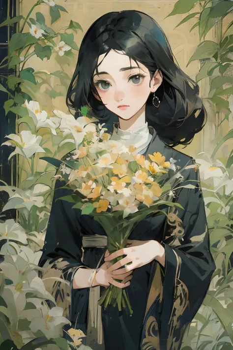 there is a woman holding a bunch of flowers in her hand, digital art of an elegant, with flowers, anime girl wearing a black dress, in the art style of bowater, inspired by Ma Yuanyu, holding flowers, in style of digital illustration, female portrait with ...