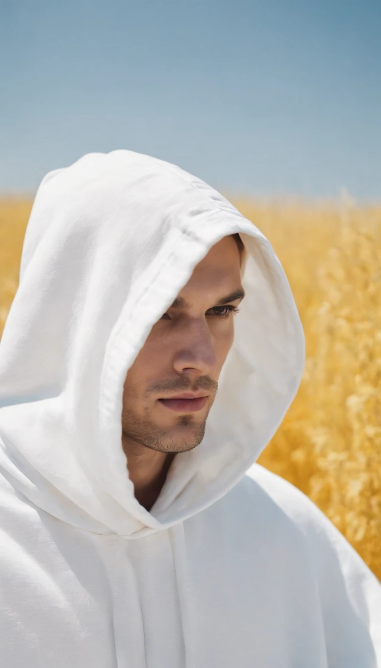 a male model with a white hood surrounded by blue sky, in the style of minimalist textiles, kodak gold 200, detailed texture, flickr, loose forms, yellow and white, tinycore