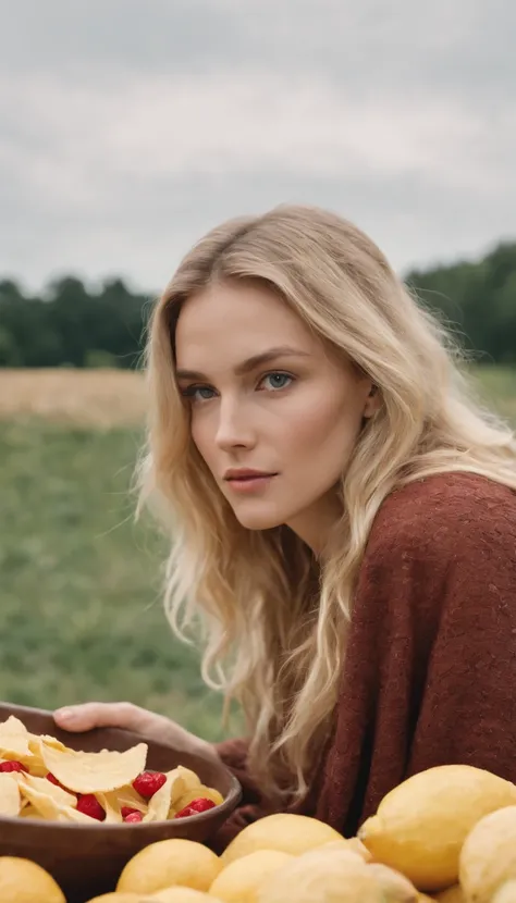 blond woman covering with a blanket of fruits and chips for stock, in the style of olympus xa2, yigal ozeri, oversized objects, manual focus lens, august von pettenkofen, portraitures, nostalgic