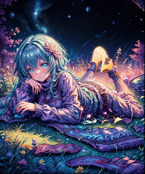 Describe a scene where a cute girl character is lying on a grassy hill, Looking up at the starry sky. Surround her with colorful nebulae and her favorite constellations.