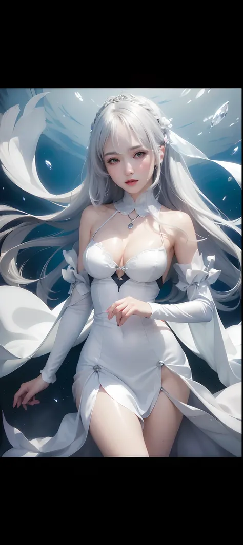 best quality, ultra high res, (photorealistic:1.4), 8k resolution, girl, (silver hair:1.3), (realistic hair:1.2), (Korean girl:1.2), (realistic eyes:1.2), (beauty face:1.3), perfect body, white pale skin, big breast, cleavage, , (eyes looked up:1.3), (wet ...