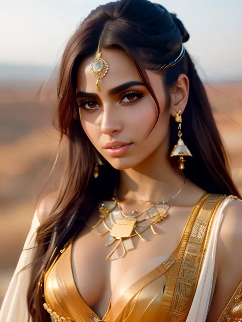 fking_scifi, fking_scifi_v2, portrait of a young, seductive, extremely beautiful and attractive Arabic woman, in front of a city in the desert, long messy hair, rich colorful clothes and golden jewelry, close up, regal pose and attitude. fking_cinema_v2.