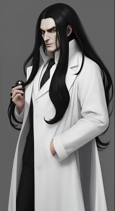 An evil scientist with long black hair wearing a white coat with black details