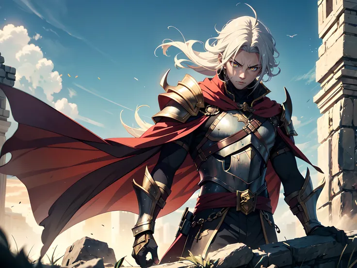 1 boy, Xin from Kingdom anime, armored with dragon armor with a cape, ultra high definition, 8k, handsome,black and yellow pupil eyes, long white hair, ancient kingdom background