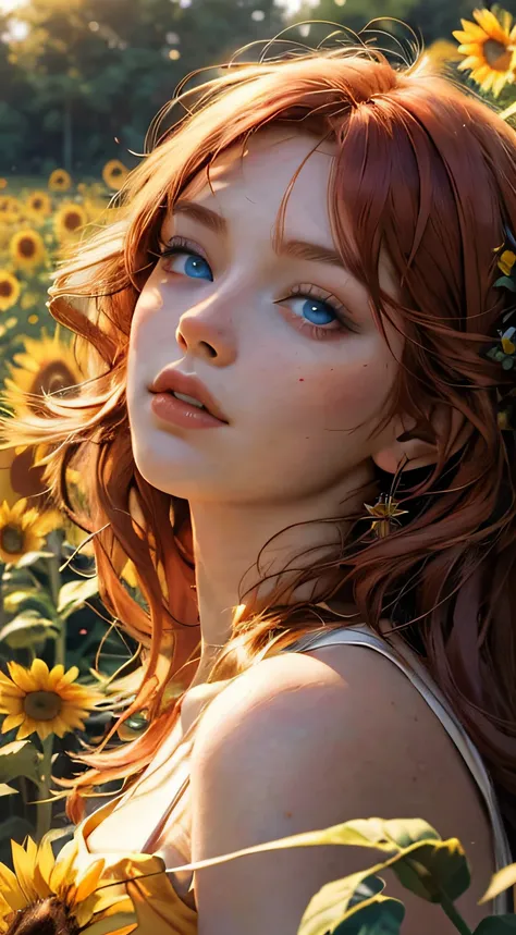 1 mature woman with redhead long wavy hair with bangs (wavy hair) (hair flying on the air) (blue eyes), red princess clothes (red color), (masterpiece), soft sun light, (incredibly colorful), lightning falling on the ground, soft light on her face, (ultra ...