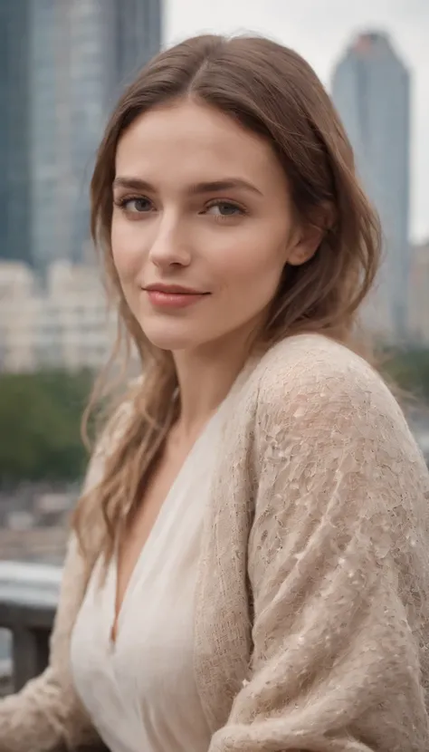 young woman relaxing on a bridge as she walks past the skyscrapers while having fun in the city, in the style of light white and light brown, julia pishtar, distinct facial features, lighthearted, hasselblad h6d-400c, close up, joyful and optimistic