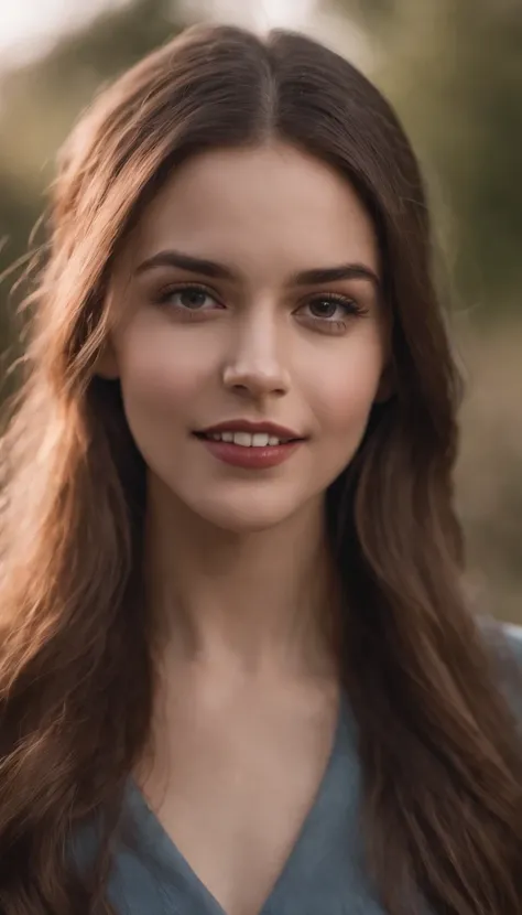 1 young girl standing in front，ssmile，A happy look on his face，There was a vampire behind the girl with its mouth open，Showing fangs，cowboy lens，Cinematic lighting effects