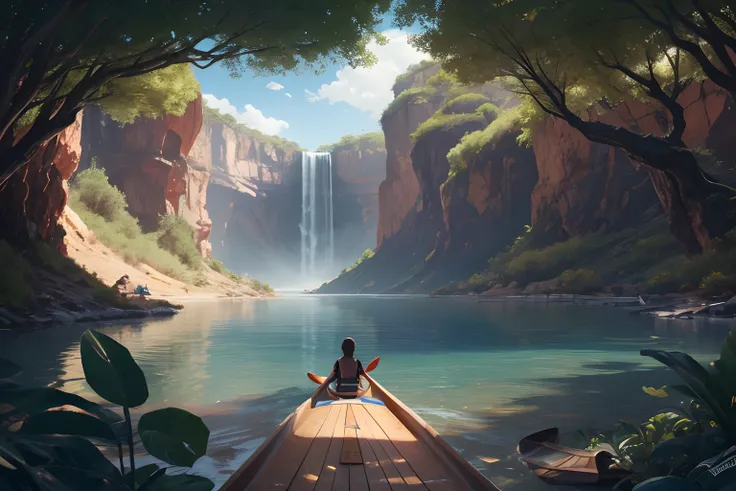 POV from a canoe, best quality female riding a canoe on sea, wearing a robe, environment design illustration, Desert island on the background 4k digital painting, stunning, concept art, intricate details, horizontal photography,