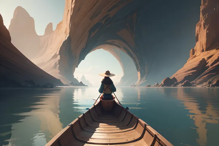 POV from a canoe, best quality female riding a canoe on sea, wearing a robe, environment design illustration, Desert island on the background 4k digital painting, stunning, concept art, intricate details, horizontal photography,