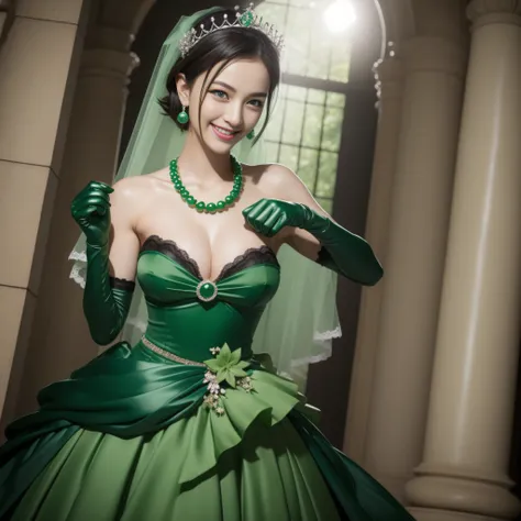 Boyish very short green hair, lipsticks, Japan woman smiling, Green Long Grove, Long green gloves made of satin material, lipsticks, Japan woman smiling, Satin green long gloves,　emerald tiara, Green Pearl Necklace, verd s eyes, Green eyes, Long green glov...