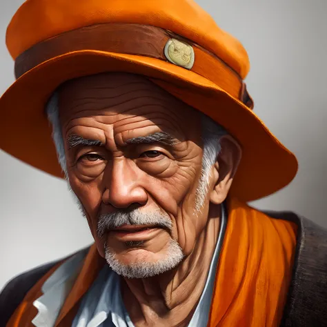 a close up of a man wearing a hat and an orange shirt, color photograph portrait 4k, old man portrait, hyper-detailed portrait, high quality portrait, An old man, hyper realistic digital painting, author：Yang Borun, omar shanti himalaya tibet, Realistic di...