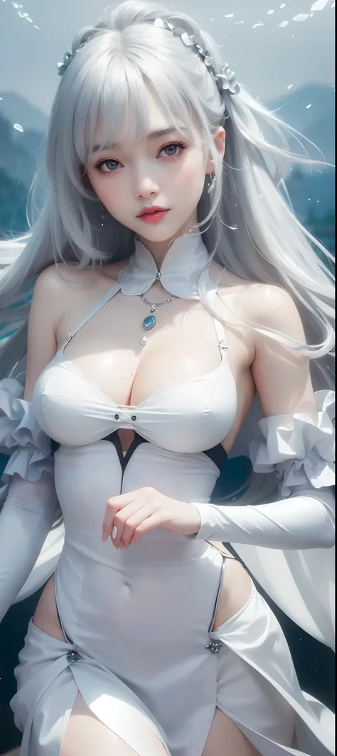 best quality, ultra high res, (photorealistic:1.4), 8k resolution, girl, (silver hair:1.3), (realistic hair:1.2), (Korean girl:1.2), (realistic eyes:1.2), (beauty face:1.3), perfect body, white pale skin, big breast, cleavage, , (eyes looked up:1.3), (wet ...