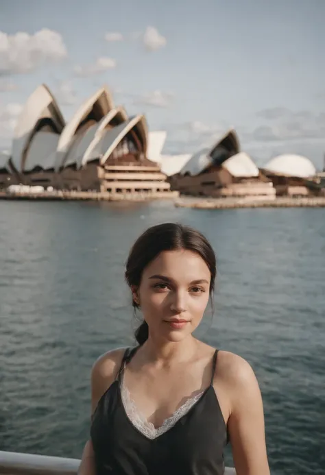 travellers, in the style of rap aesthetics, girl，Sydney, Australia，make for a memorable photo.     The background is to the famous Sydney Opera House，photo taken with fujifilm superia, charly amani, oversized portraits, babycore, upper body