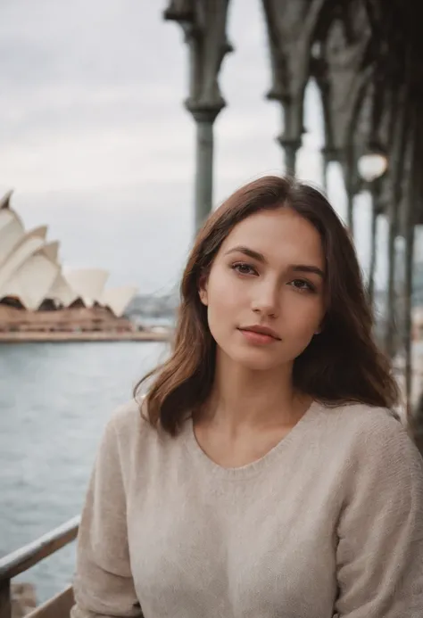 travellers, in the style of rap aesthetics, girl，Sydney, Australia，make for a memorable photo.     The background is to the famous Sydney Opera House，photo taken with fujifilm superia, charly amani, oversized portraits, babycore, upper body