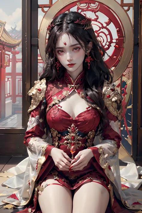 (ultra realistic 8k CG:1.2),perfect artwork,delicate pattern,intricate detail, (unparalleled masterpiece,best quality:1.2),(extremely intricate:1.2),a woman in a red and gold dress, Phoenix crown,hair stick,(sitting on red bed),Cosmetic,blush,shy,black_hai...