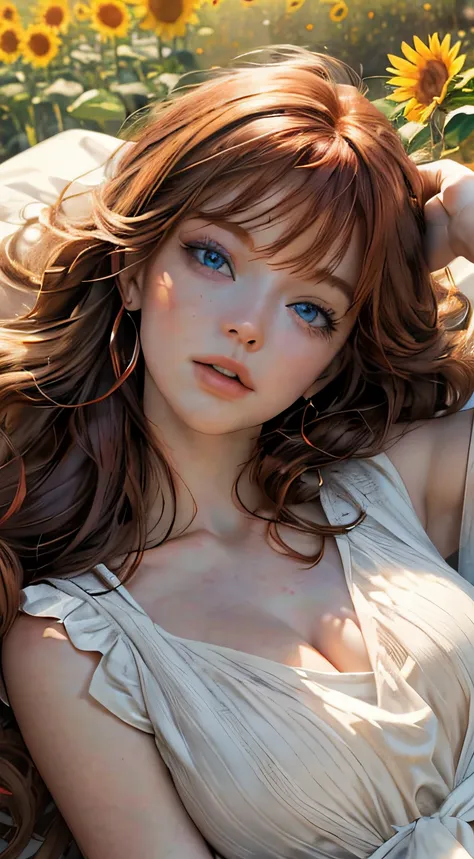 1 mature woman with redhead long wavy hair with bangs (wavy hair) (hair flying on the air) (blue eyes), red princess clothes (red color), (masterpiece), soft sun light, (incredibly colorful), lightning falling on the ground, soft light on her face, (ultra ...